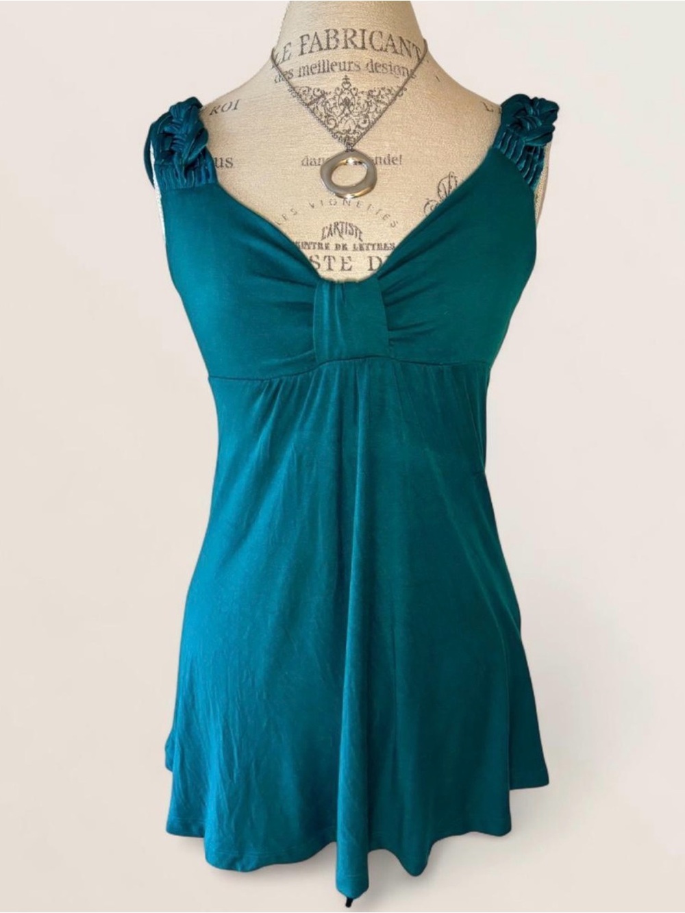 Teal Y2K Modal & Silk Babydoll Top with Braided Straps - Size S